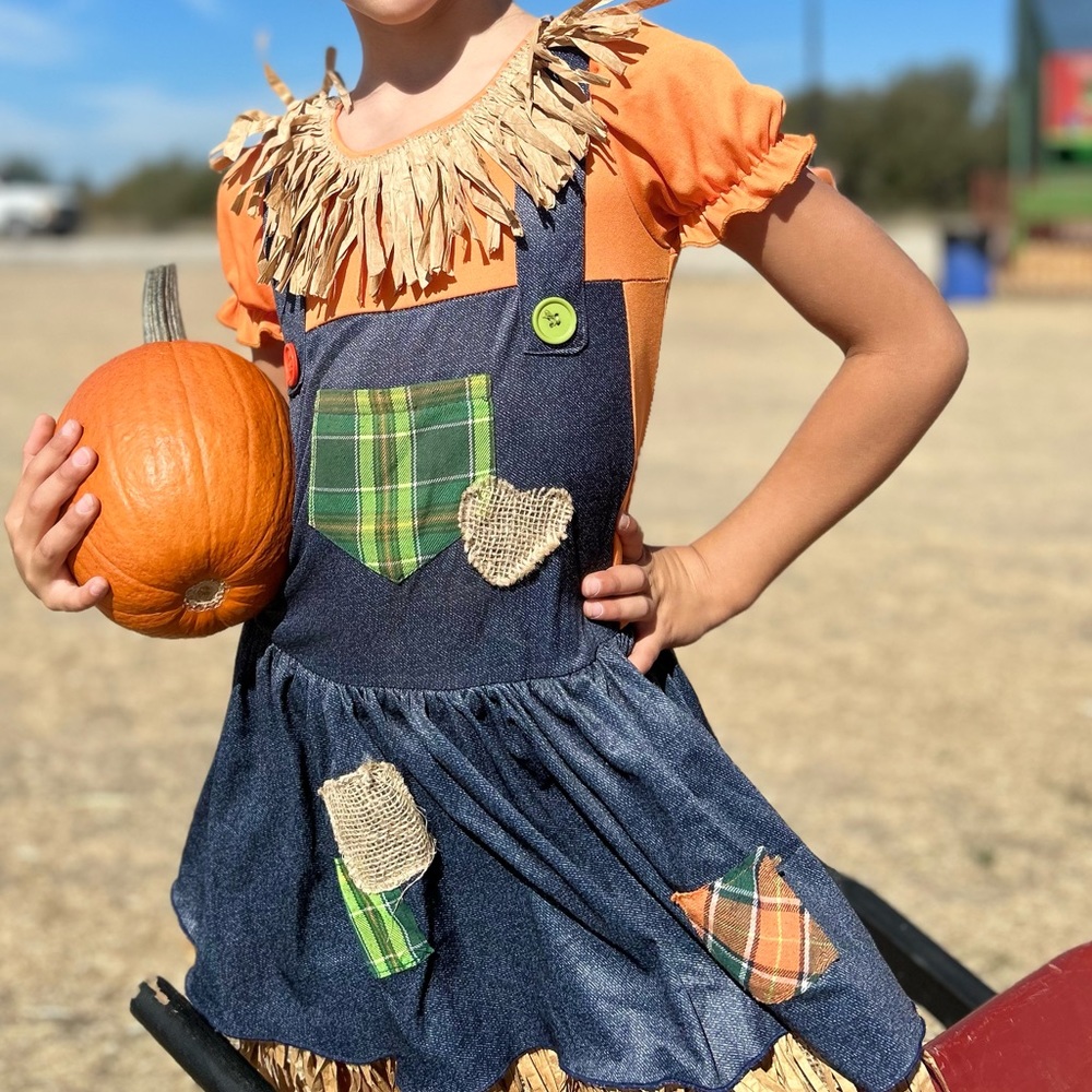 Scarecrow girls dress costume Halloween pumpkin patch thanksgiving outfit 7 8 M